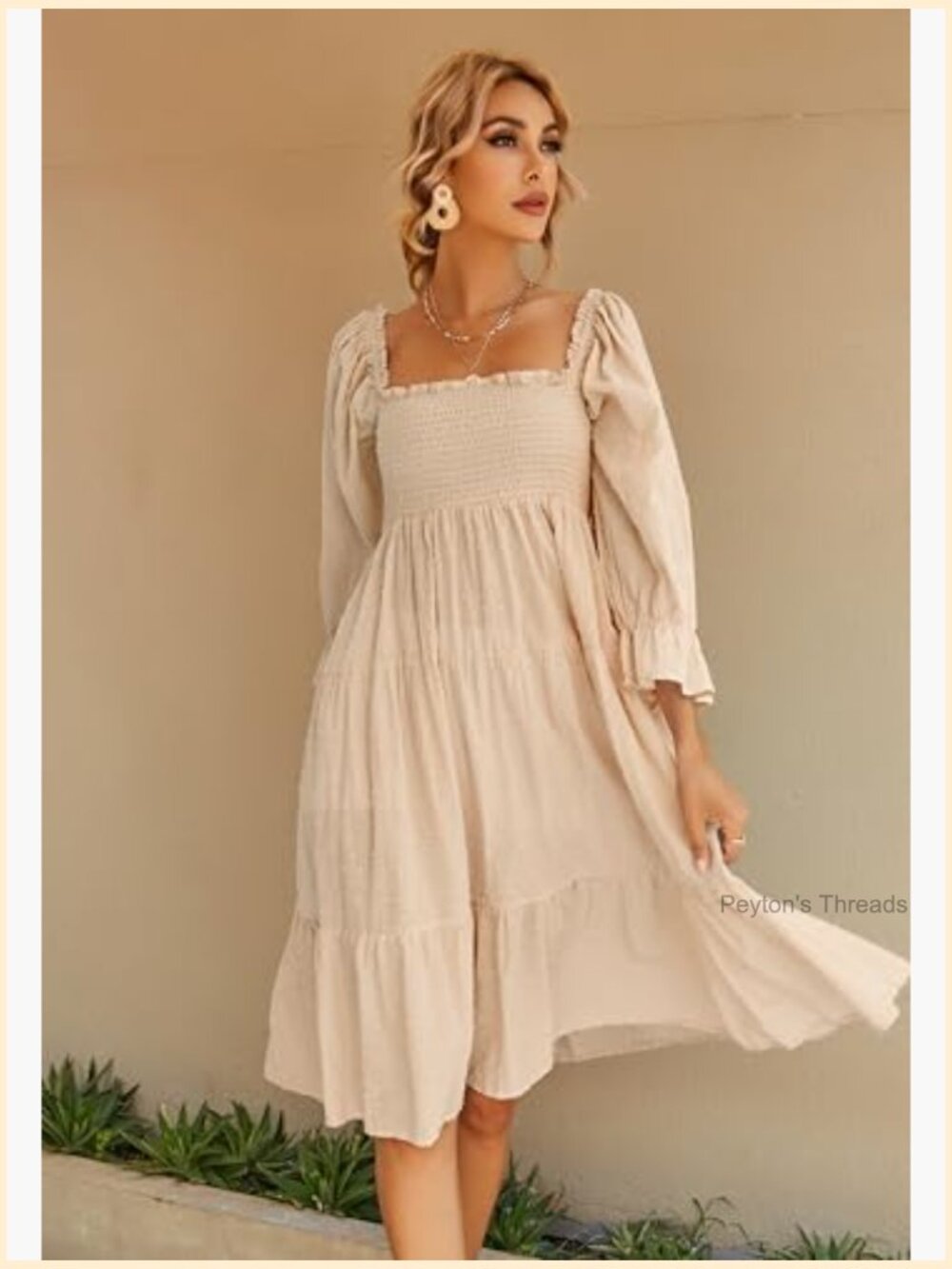Women's Cotton Puff Sleeve Off-Shoulder Bow Midi Dress - Picture 3 of 7
